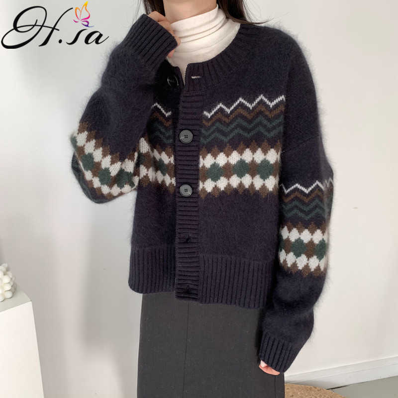H.SA Women Casual Sweater Cardiganss Long Sleeve Soft Warm Ladies Knitted Jumper Tops Argyle Vintage Cardigan Sweater Female 210716