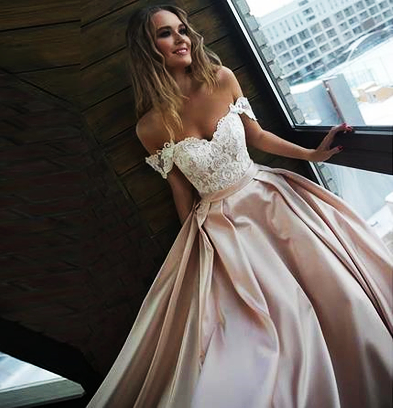 Sexy Off Shoulder Champagne Wedding Dresses Long Country Bridal Gowns With Detachable Overskirt A-e Lace Appliqued Bride Dress Custom Made Size And Co