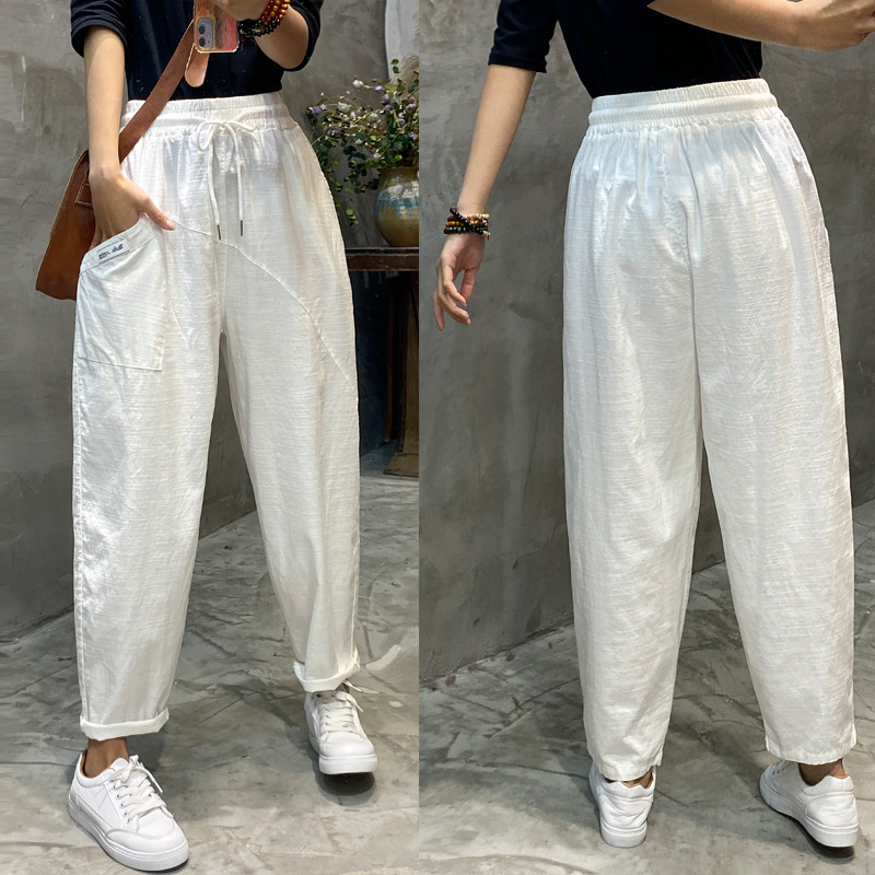 Womens Harem Trousers Spring Summer Cotton Linen loose Pants Solid Elastic waist Soft thin Female ladys trousers 210524