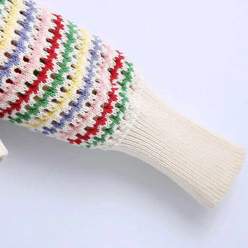 Women Elegant Rainbow Striped Print Hollow Out Sweater Casual Crochet Knitted Cardigan Coat Female Chic Single Breasted Jacquard 210521wtt