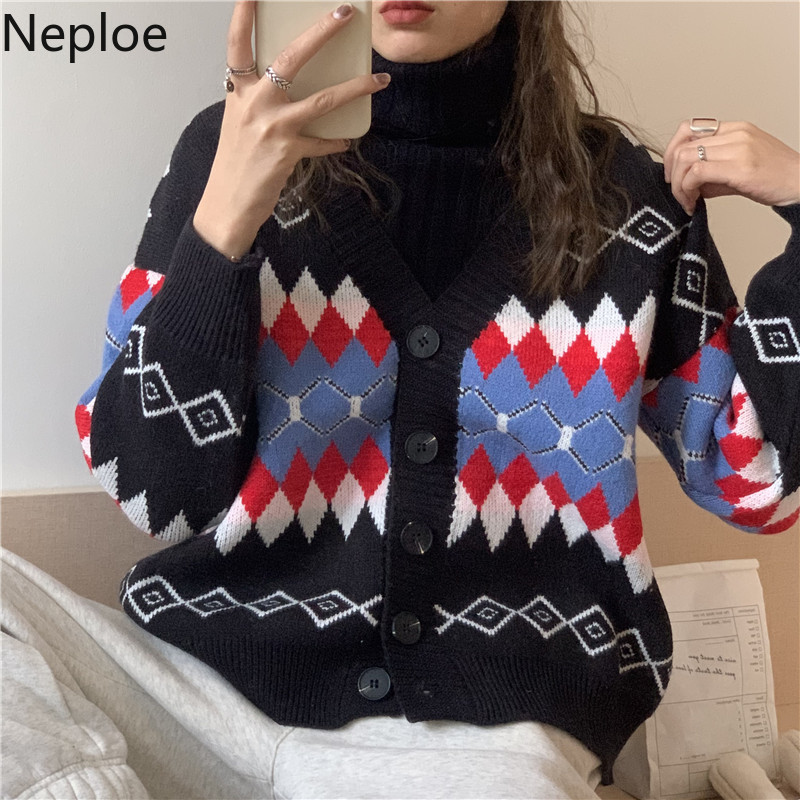 Neploe Knitted Plaid Cardigan Winter Clothes Thicked Knitted Sweater Women Pull Femme Loose Casual Knitwear Sueter Coat 210422
