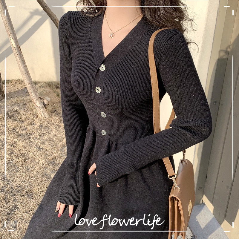 Black Sweater Dress Women Sexy V-neck Elegant Office Knitted Dress Female Long Sleeve Dress Korean Autumn Winter 210521 
Black Sweater Dress Women Sexy V-neck Elegant Office Knitted Dress Female Long Sleeve Dress Korean Autumn Winter 210521