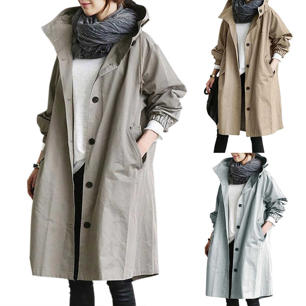 Women Autumn Solid Color Pocket Hooded Windbreaker Long Trench Coat Outerwear Women's Clothing Femme Veste 210820