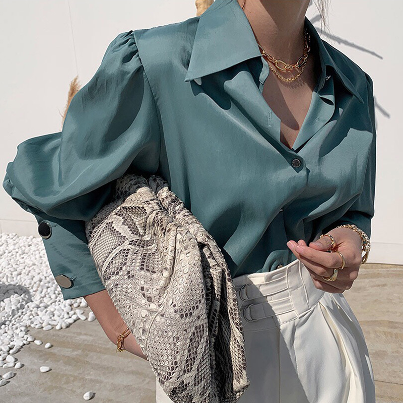 Lantern Sleeve Minimalist Loose Shirt Spring Office Lady Blouse Turn-down Collar Solid Color Long-sleeved 210427