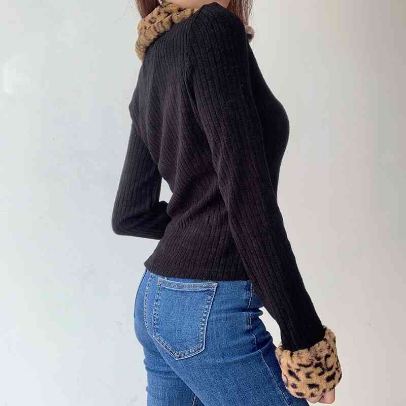 Vintage Faux Fur Leopard Lapel Rib Knitting Cardigan Women Long Sleeve Zipper Crop Sweater Short Slim Jumper Knitwear 210429