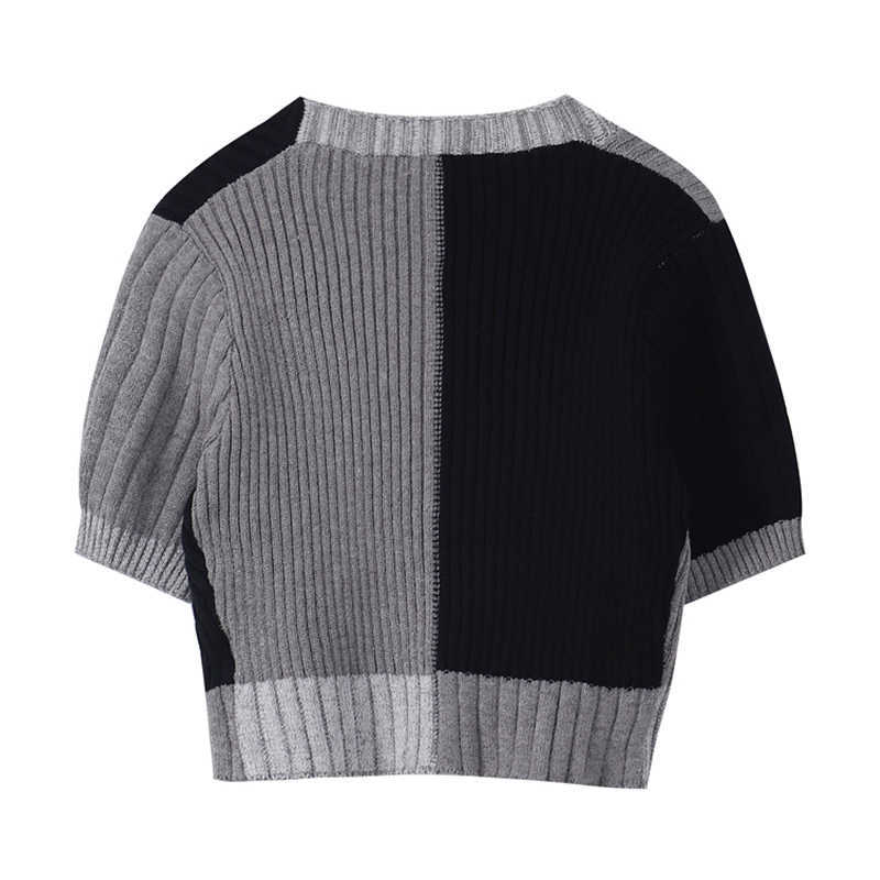 Korean Style O-neck Short Knitted Sweaters Women Thin Cardigan Button up Summer Casual Fashion Patchwork Crop Top Female 210918
