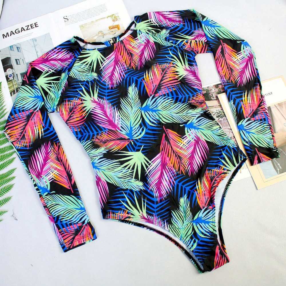 Rashguard Long Sleeve Swimsuit Print Surf Swimwear Women High Neck Bodysuit Swim Suits backless Monokini XL 210625