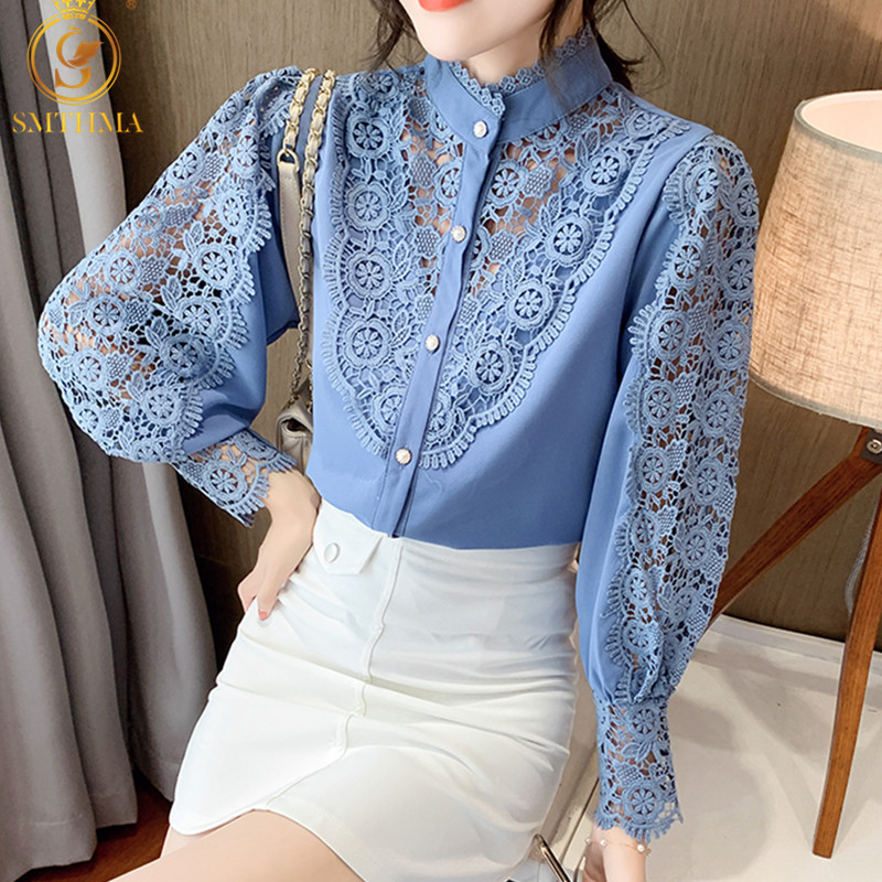 Women's Lace Hollow Out Patchwork Blouses Single Breasted Female Tops Office OL Lady blusas Ropa De Mujer 210520