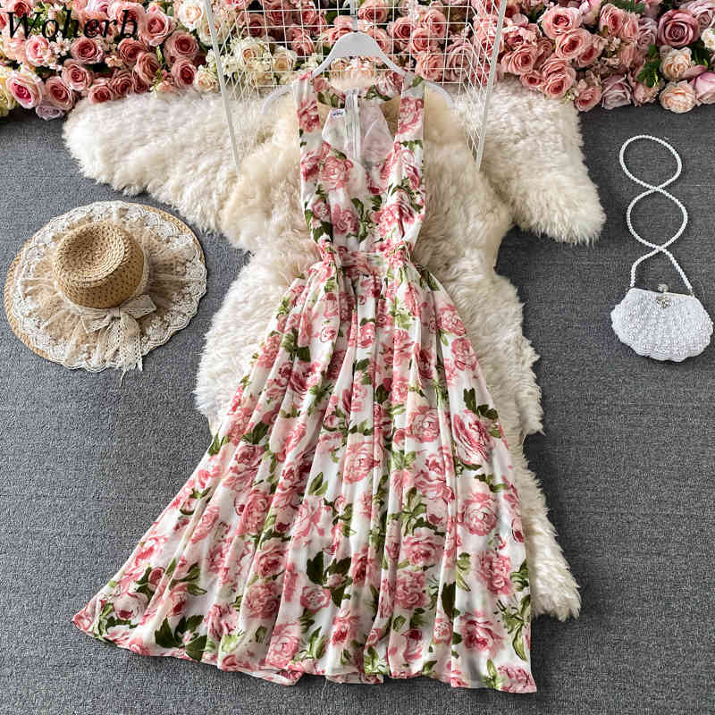 Chiffon Floral Dress Women Summer Robe V Neck Sleeveless Off Shoulder Dresses Korean Temperament Vintage Maxi Vestido 210519