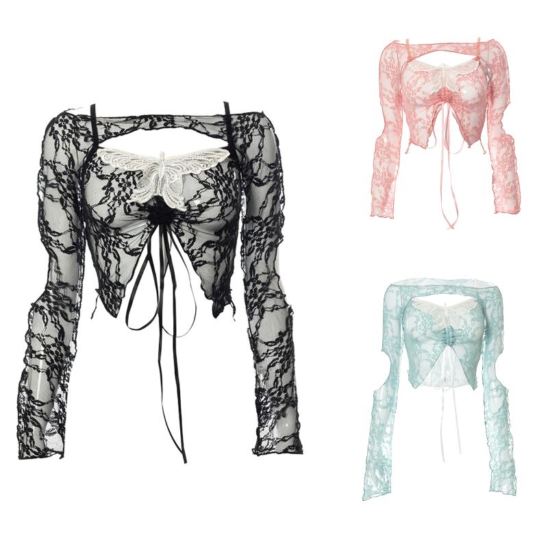 Women's T-Shirt Sexy Women Lace Hollow Out Sheer Long Sleeve Round Neck Solid Color Irregular Cropped Club Party Street Casual Tops, White 
Women's T-Shirt Sexy Women Lace Hollow Out Sheer Long Sleeve Round Neck Solid Color Irregular Cropped Club Party Street Casual Tops, White