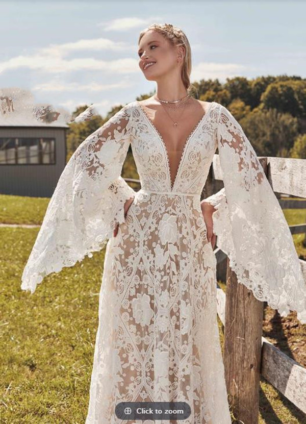 Vintage Bohemian Wedding Dresses with Long Bell Sleeve 2021 Full Lace Floral V-neck Backless Country Beach Bridal Dress Outdoor