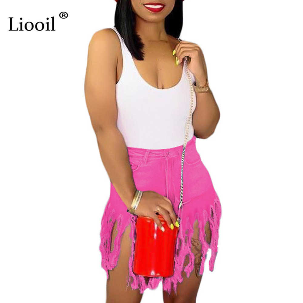 Liooil Neon Tassel Jeans Shorts Women Summer Elastic High Waist Cotton Jean Short Plus Size Sexy Denim Shorts Sexy Club 210611