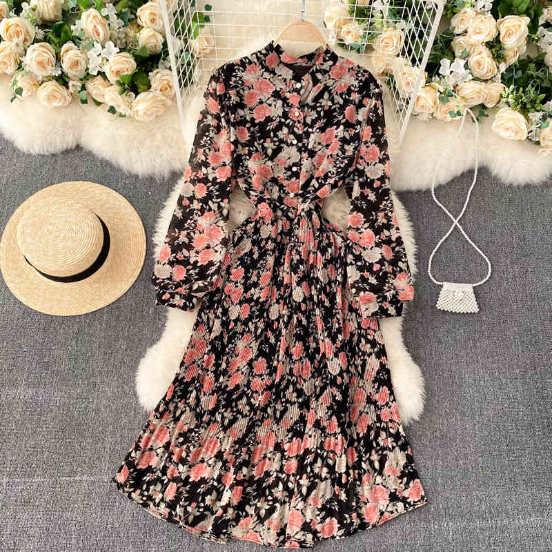 FLF Autumn Boho Print A-line Streetwear Dresses Women French Floral Dress O Neck Long Sleeve Button Ruched Ruffles Dress 210521