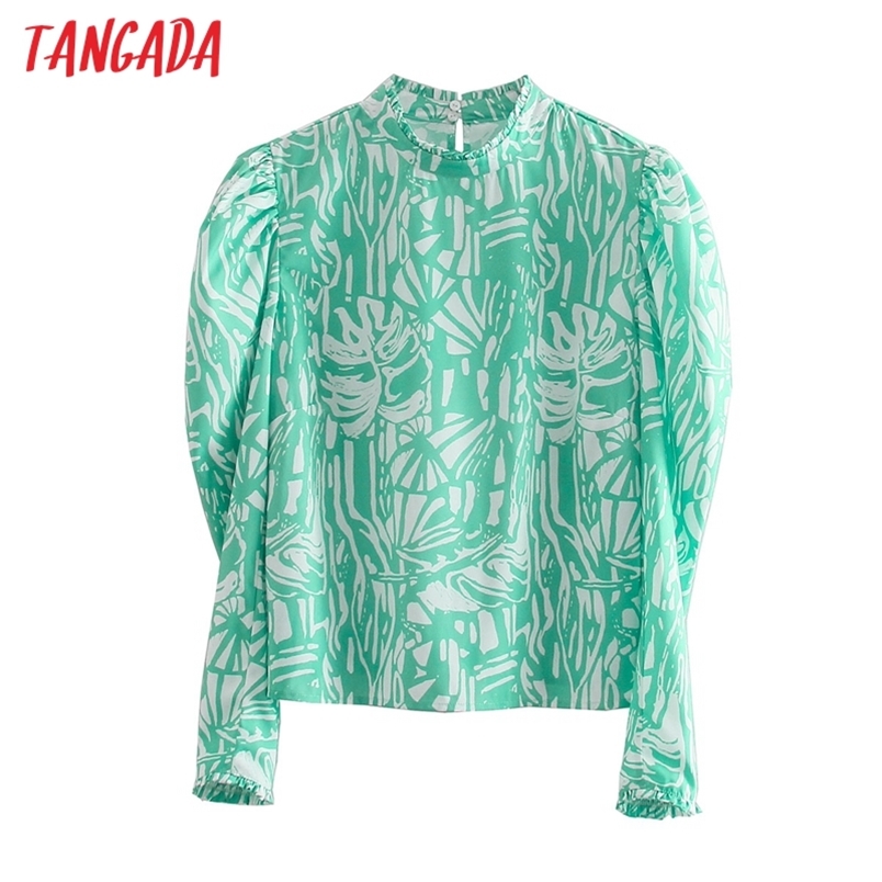 Women Retro Green Print Blouse Long Sleeve Stand Collar Female Casual Loose Shirt Blusas Femininas CE129 210416