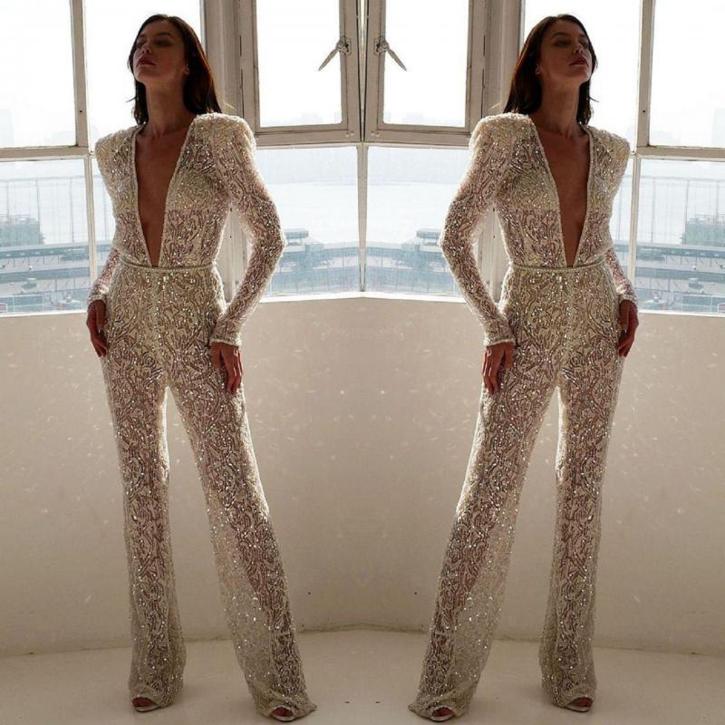 Women Jumpsuit Deep V Neck Lace Rompers Womens Long Sleeve Embroidery Perspective White Autumn 210513