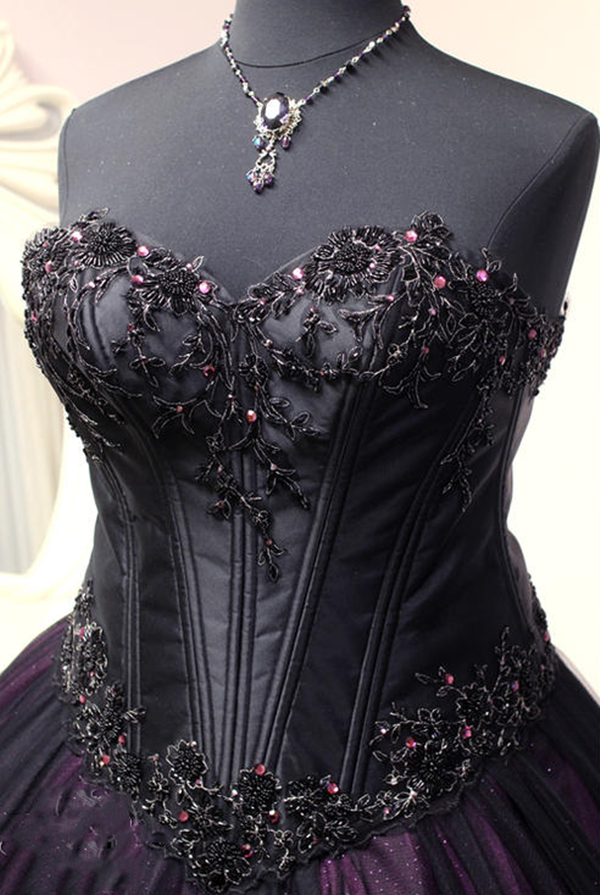 Gothic Black And Purple Masquerade Prom Dresses 3D Floral Appliqued Beaded 2022 Women Vintage Historical Victorian Corset Sweetheart Evening Gowns Lac