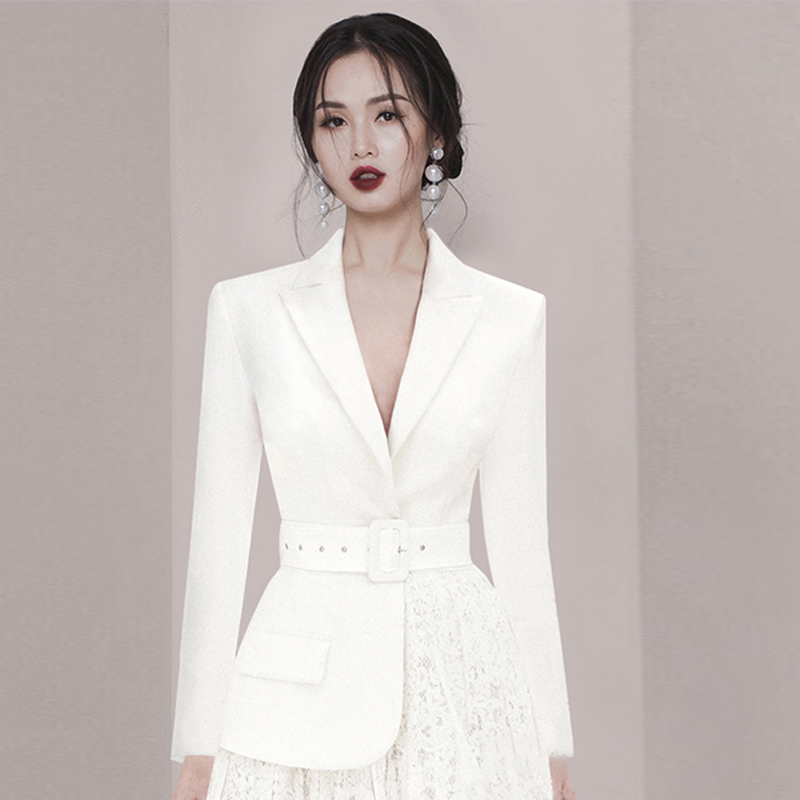 High End Autumn OL Style White Women Dress Elegant Lace Patchwork Female With Belt Business Vestido Da Festa 210520