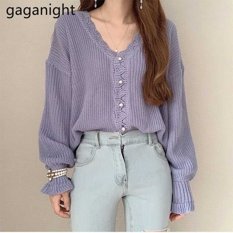 Gaganight Knit Women Elegant Sweater Spring Autumn Fashion Solid Casual Loose Cardigan Beading Single Breasted Ruffles Kardigan 210918