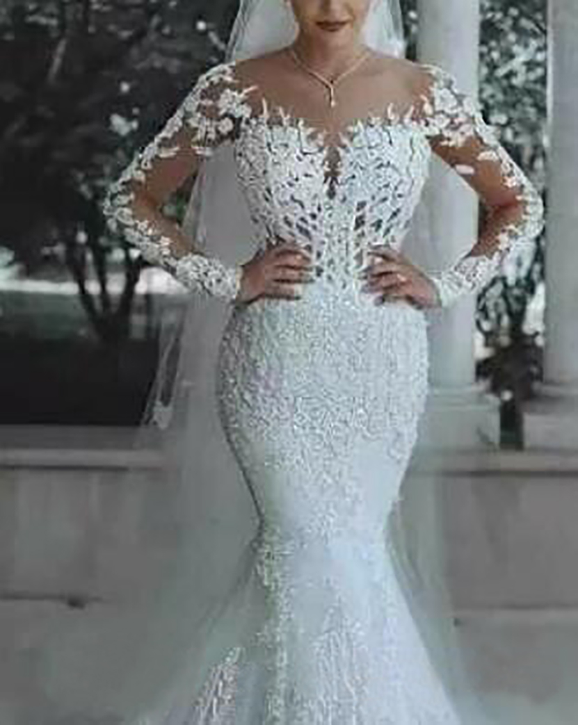 Modern New Romantic Gorgeous Long Sleeve Mermaid Wedding Dresses Beading Lace Princess Bridal Gown Custom Made Appliques See Through