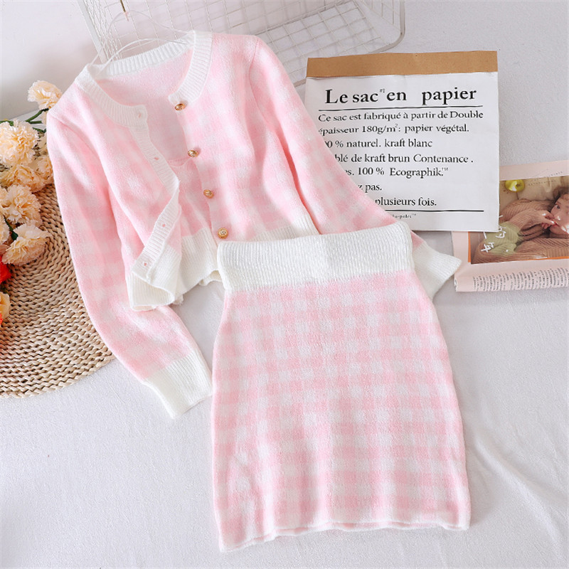 3 Piece Set Women's Sweet Plaid O-Neck Single-Breasted Long-Sleeved Sweater Coat + Sexy Short Crop Top Mini Skirt Suit 210519