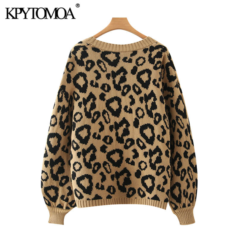 Women Fashion Leopard Pattern Loose Knitted Cardigan Sweater Lantern Sleeve Female Outerwear Chic Tops 210420