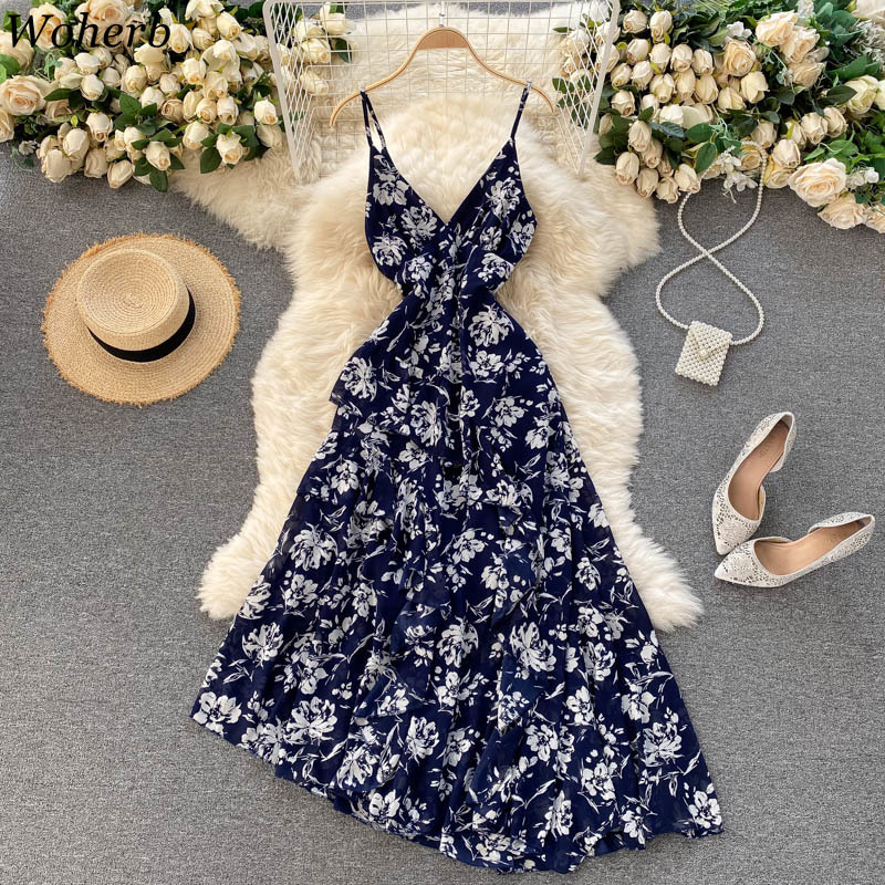 Fashion Women Chiffon Floral Dress Summer Sexy Spaghetti Strap Party Dresses Elegant Ladies Asymmetrical Robe Vestidos 210519