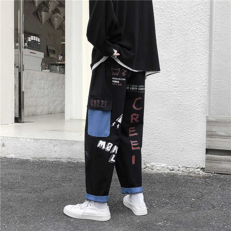 Straight Denim Jeans Men Graphic Printed Jeans Streetwear Jeans Man Wildleg Pants Hip Hop Korean Harajuku Fashion Pants 211011