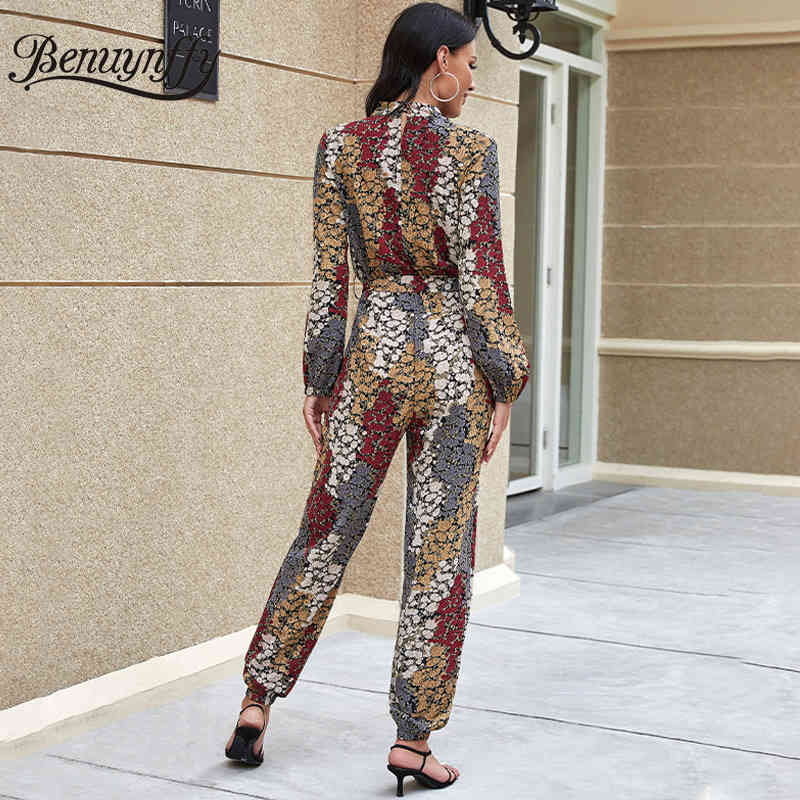 Elegant Chiffon Print Surplice Neck Belted Jumpsuits Women V Long Sleeve High Waist Jumpsuit Party Overalls 210510