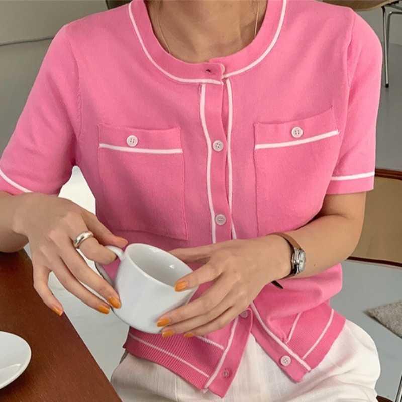 Summer Cardigan Women Korean Hit Color Sweater Coat Short Sleeve O-neck Single Breasted Knitted Jacket 6H508 210603