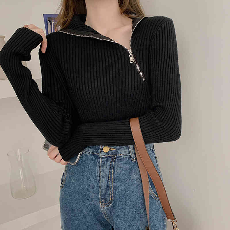 Colorfaith New Women's Knitwears Autumn Winter Slim Warm Turtleneck Pullover Minimalist Zipper Bottomings Lady Tops SW6082 210413