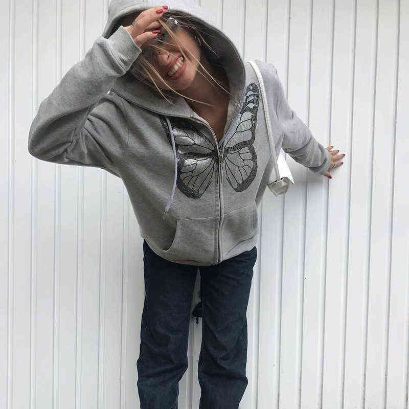 Kawaii Butterfly Graphic Printed Black Harajuku Oversized Hoodies For Women Zip Up Long Sleeve Sweatshirt Streetwear Top Autumn 211109