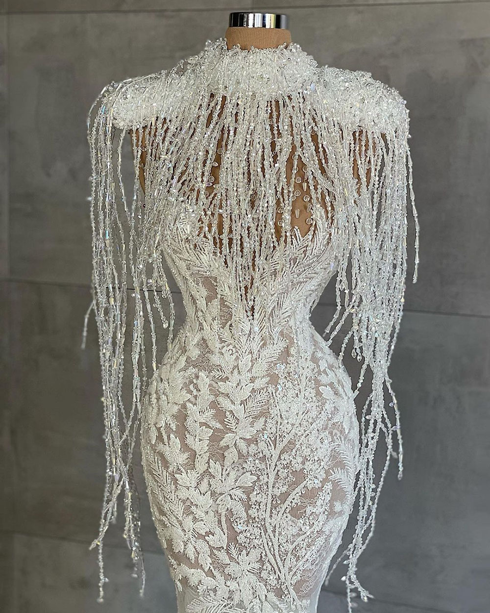 Luxury Beading Evening Dresses Crystal Tassel Women Prom Dress Lace Appliques Saudi Arabic Formal Robe De Soriee
