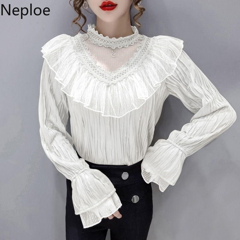 Neploe Stand Neck Hollow Out Blouse Women Gauze Patchwork Lace Tops New Fashion Ruffles Temperament Shirt Blusas Mujer 210422