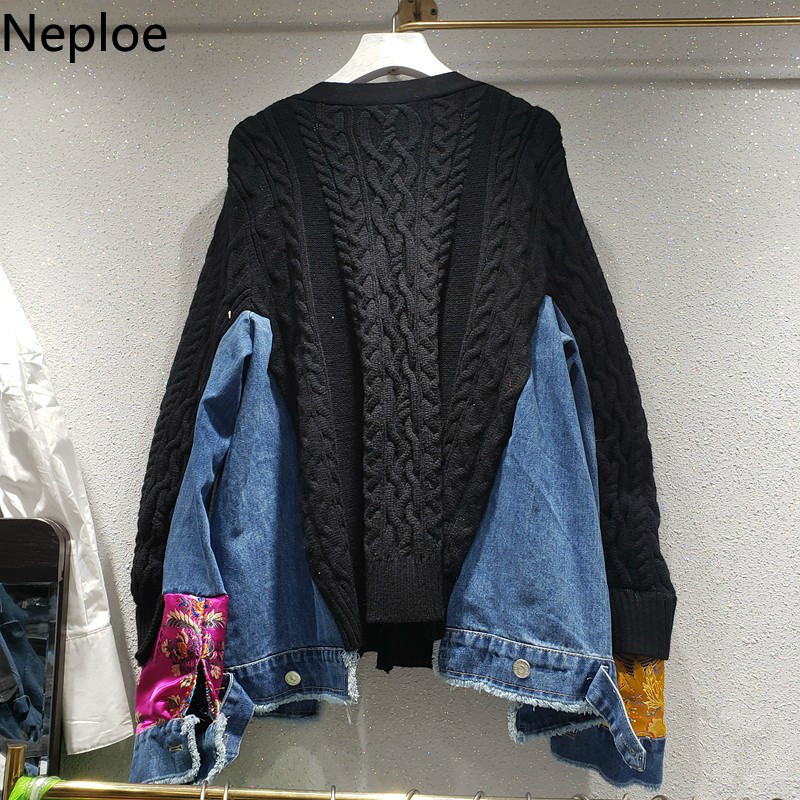 Neploe New Arrival Knitted Cardigan Chinese Style Patchwork Cowboy Sweaters Women Chic Embroidery Loose Sueter Coat 94552 210422