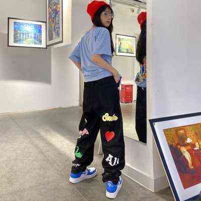 Fashion Streetwear Men Baggy Jeans Hip Hop Black Star Alphabet Graffiti Loose Casual Wide Leg Pants Woman Denim Trousers 211108