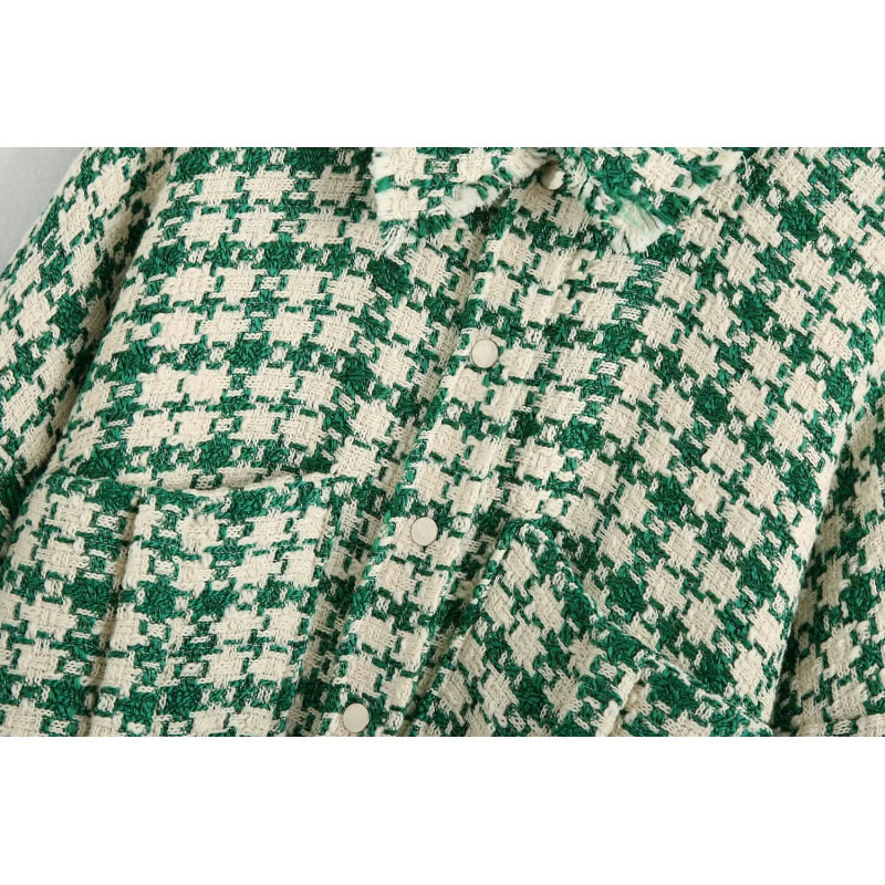 BBWM Stylish Chic Pockets Green Plaid Tweed Jackets Women Fashion Lapel Collar Side Vents Coat Female Chic Outerwear 210520