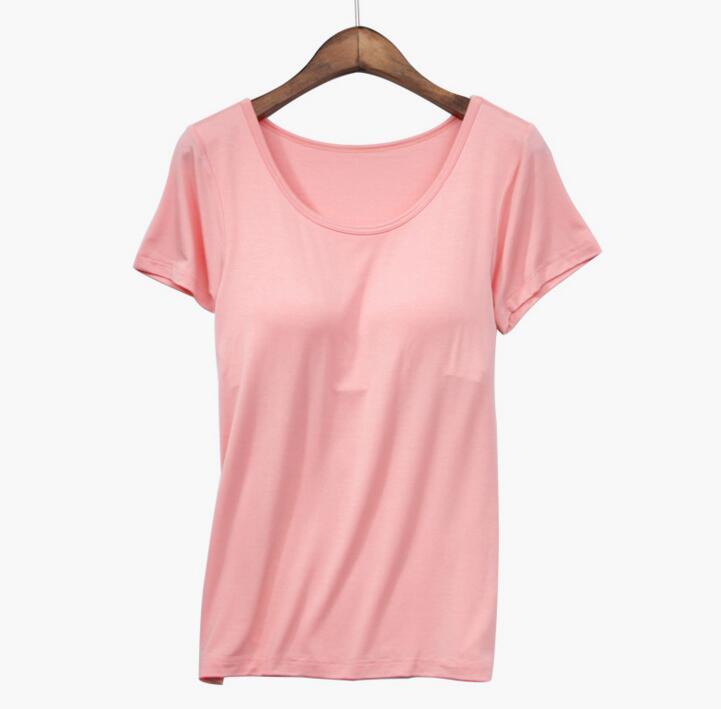 Toppies Women Women Gym shirt O-neck Padded Bra t-shirt Elastic Breathable Basic t-shirt Braless Tops 210406