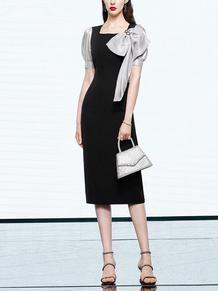 Office Pencil Eleagnt Bow Dress For Ladies Elegant Vintage Square Collar Summer Lantern Sleeve Slim Fashion 210421
