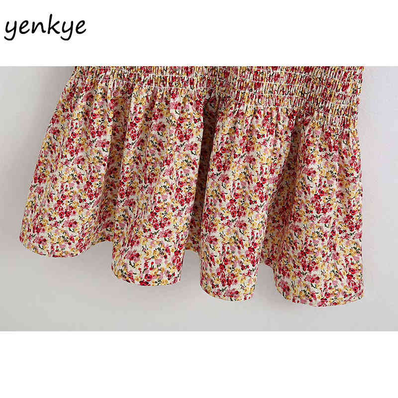 Floral Print Elastic Dress Women Round Neck Short Sleeve Hem Ruffle Mini Summer Casual Dresses robe femme BBWM2213 210515