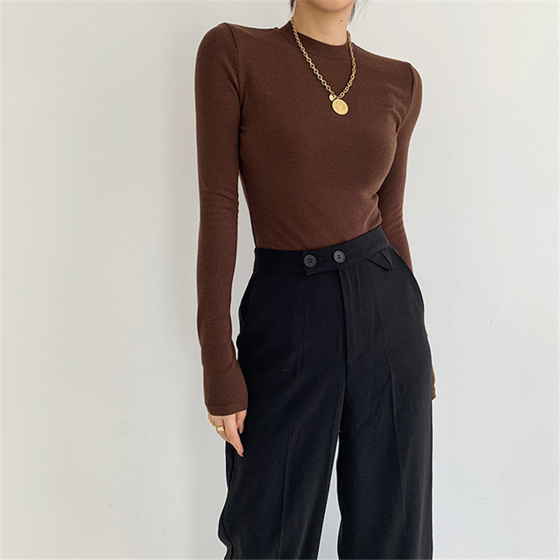 Female Cotton All Match Solid Basic Women Autumn Brief Warm Tops Minimalist Slim Full Sleeves Plus Size T-Shirts 210421