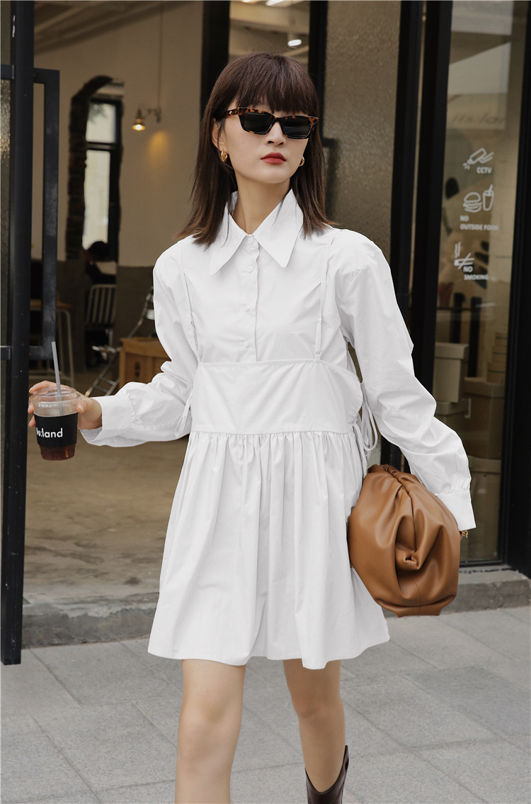 2 Piece Button Up Collar Shirt Dress Fall Women White Beige Long Sleeve Mini Cute Korean Fashion Clothing 210427