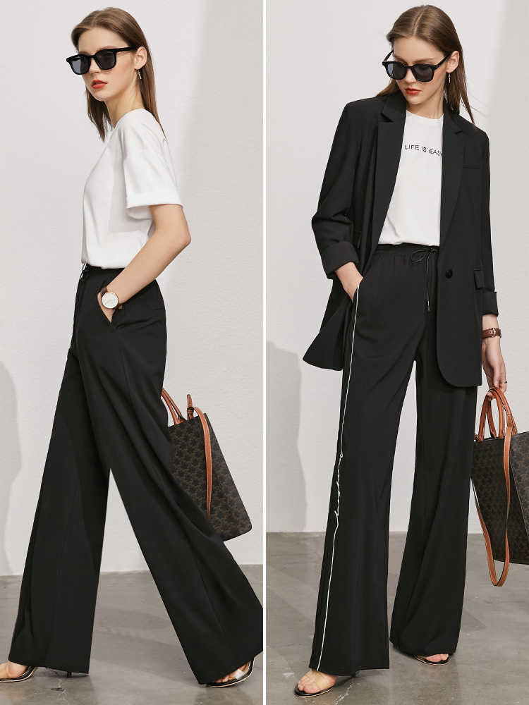 Minimalism Summer Women Pants Fashion Elastic Waist Wide Leg Pant Casual Streetwear Side Stripe Straight Trousers 12140277 210527