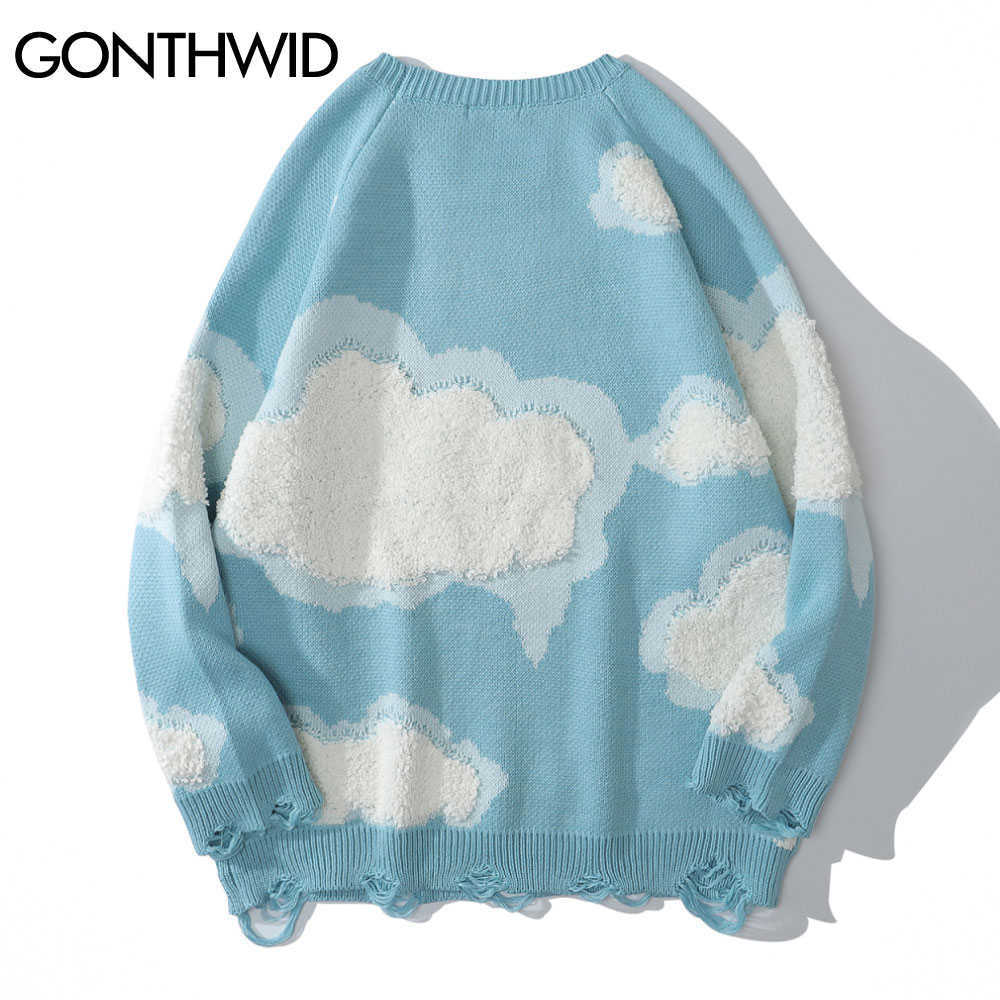 GONTHWID Knitwear Sweater Women Harajuku Hip Hop Streetwear Knitted Cloud Ripped Holes Casual Kawaii Loose Pullover Jumpers Tops 211008