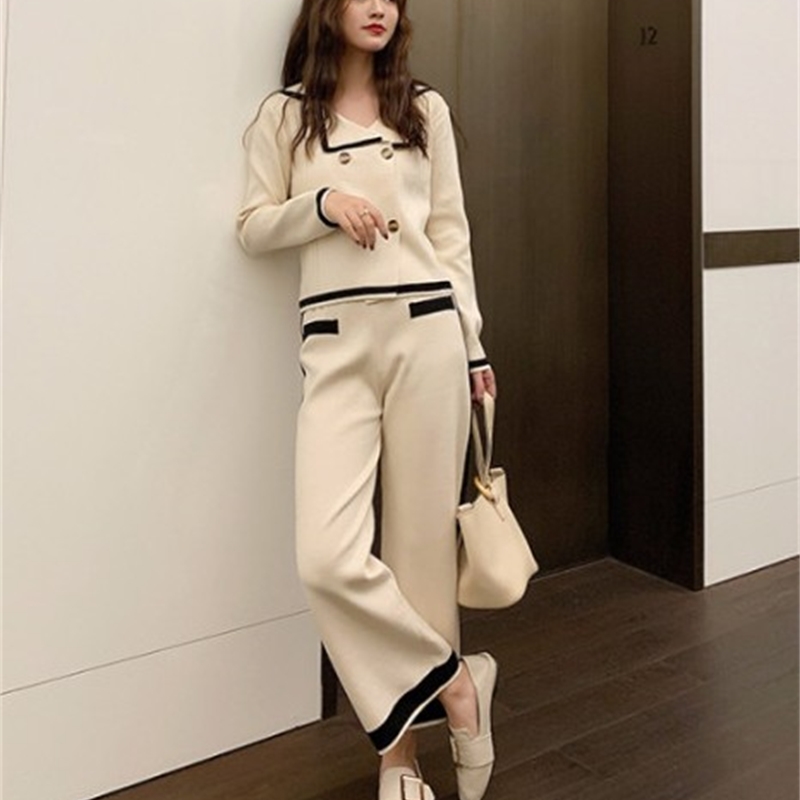 Autumn 2 Piece Set Women Double Breasted Sweater Turn down collar Long Sleeve Cardigan+Wide Leg Full Length Pants Knit 210519
