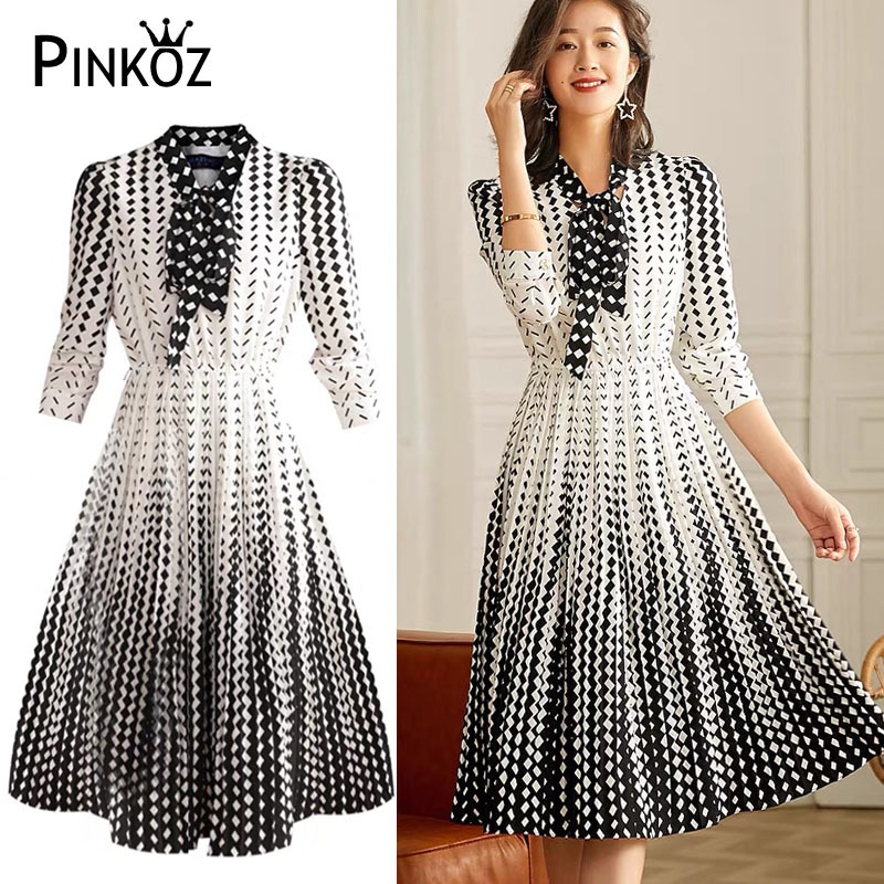 black white plaid printed bow collar lace up pleated midi dress women lady office dresses A-line plus size 2XL vestidos 210421
