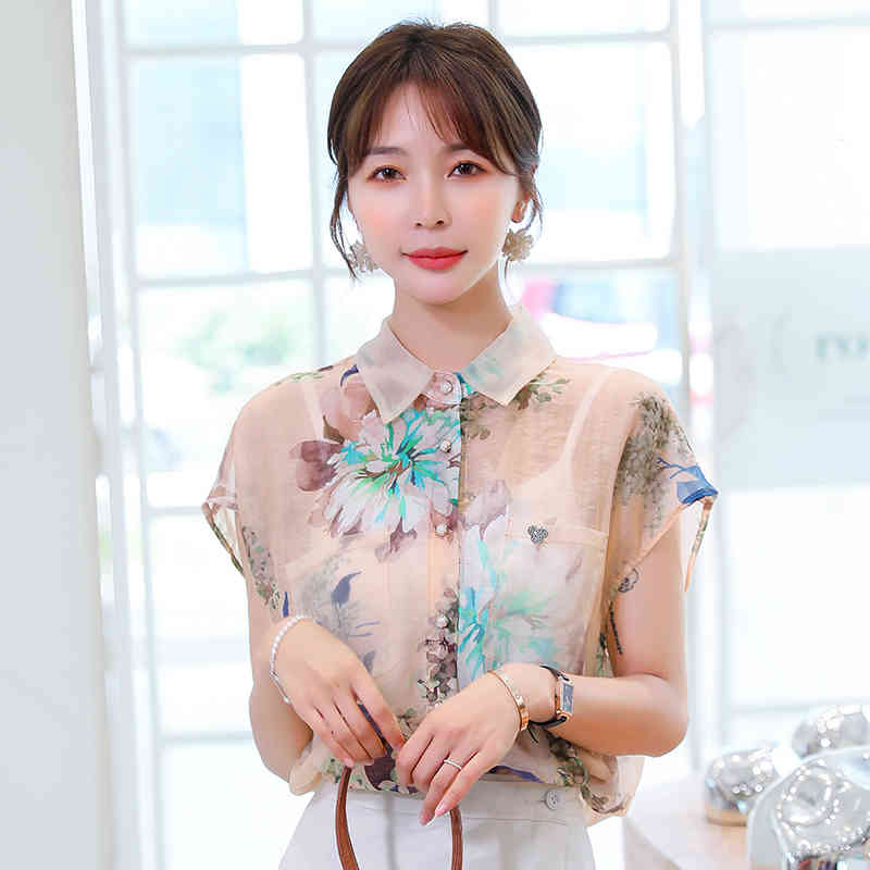 Korean Print Office Lady Tops Casual Short Sleeve Chiffon Shirt Women Blusas Mujer De Moda Summer Thin Blouse 9808 210506