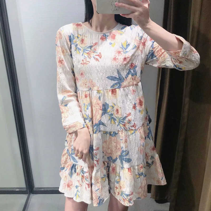 LVWOMN Dress Women Printed Pleated Mini Dresses Female O neck Long Sleeve Loose Vintage Dress Fashion Summer Boho Vestidos 210630