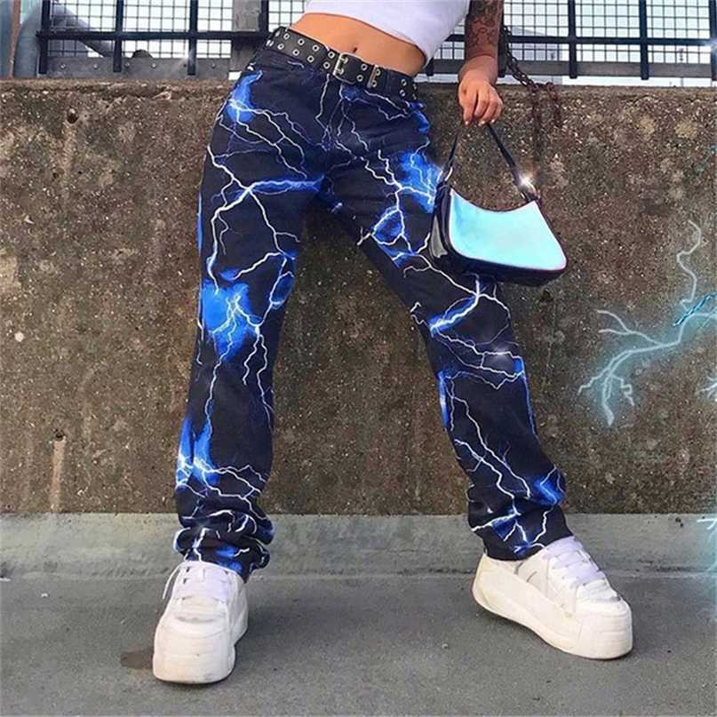 Fashion Cute Slim Print Lightning Contrast Color Slippy SML High Waist Woman Casual Pants Trousers Gothic Y2k Joggers 211115