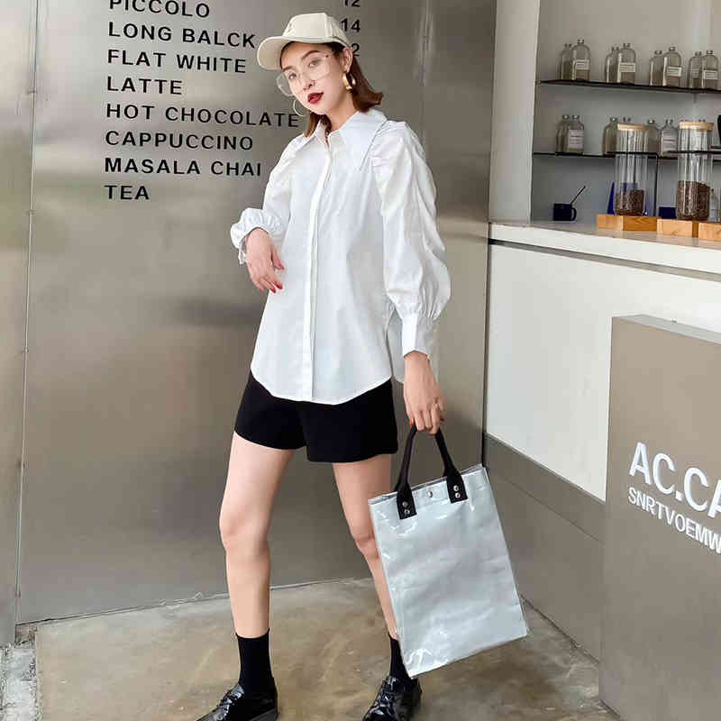 Casual Solid Ruched Shirt For Women Lapel Long Sleeve Minimalist Basic Loose Blouse Female Fashion Spring 210524