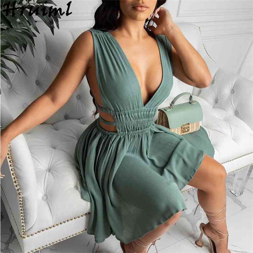 Sexy Dress Women Sleeveless Solid Color Deep V Neck Elastic Waist Party Dresses Evening Backless A Line Mini Vestiti Donna 210513